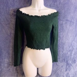 Heart & Hips Ruffled/Scrunched Long sleeve crop top, Dark green size Large